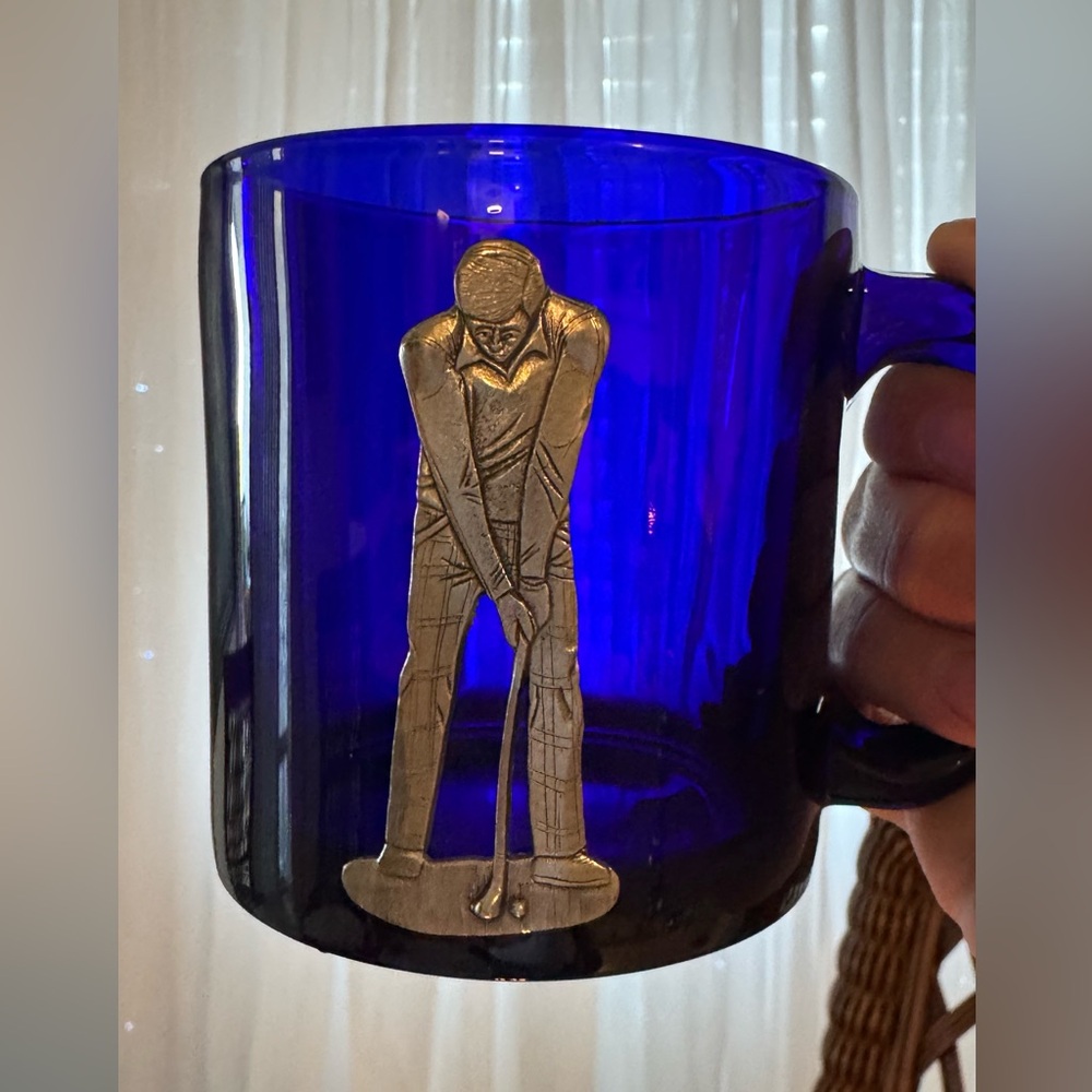 Golf Cobalt Blue Glass Mug Cup with Silver Golfer gentleman Design